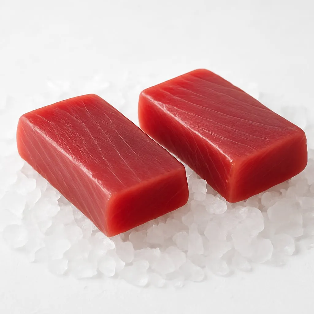 Two rectangular yellowfin tuna saku blocks on crushed ice